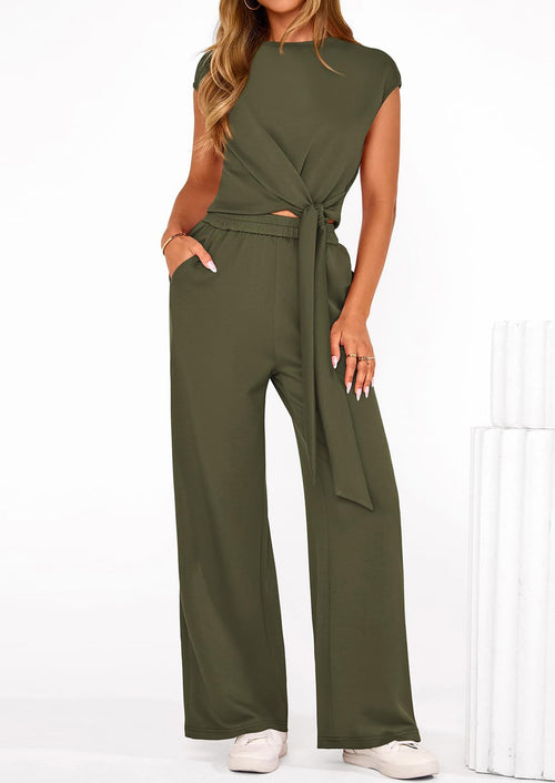 Osonn 2 Piece Matching Lounge Sets For Women Summer Short Sleeve Tie Front Crop Tops Casual Wide Leg Pants Tracksuit