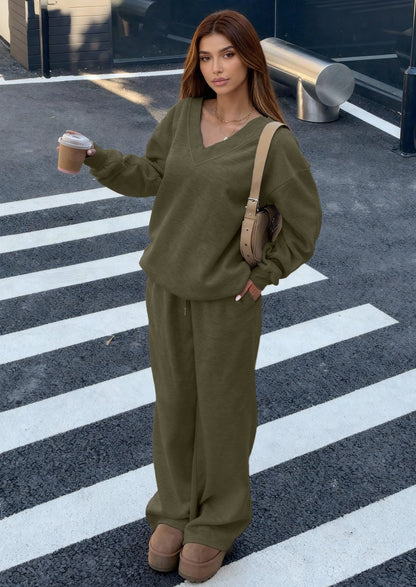 Osonn Casual Winter Two Piece Sets for Women V Neck Sweatshirt Loose Wide Leg Pants Tracksuit Knit Fall Outfits