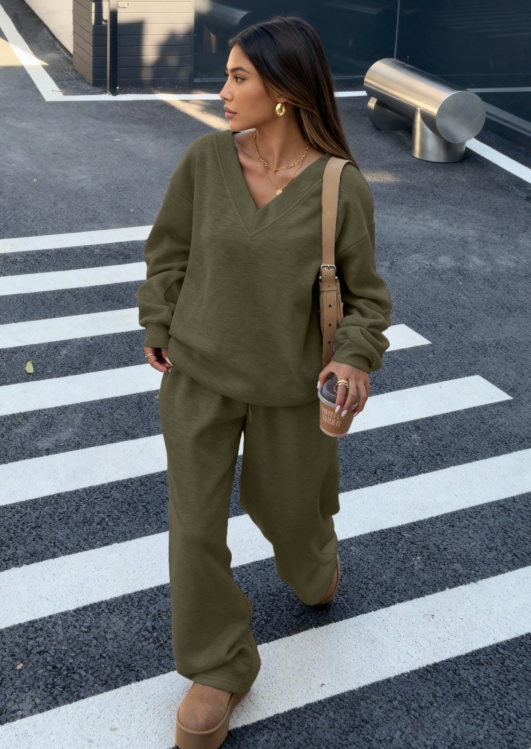 Osonn Casual Winter Two Piece Sets for Women V Neck Sweatshirt Loose Wide Leg Pants Tracksuit Knit Fall Outfits