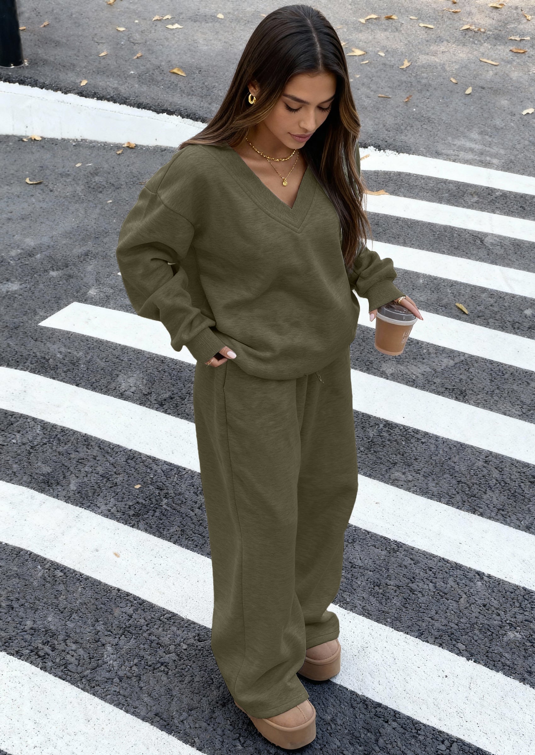 Osonn Casual Winter Two Piece Sets for Women V Neck Sweatshirt Loose Wide Leg Pants Tracksuit Knit Fall Outfits