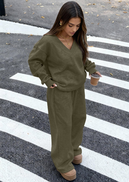 Osonn Casual Winter Two Piece Sets for Women V Neck Sweatshirt Loose Wide Leg Pants Tracksuit Knit Fall Outfits
