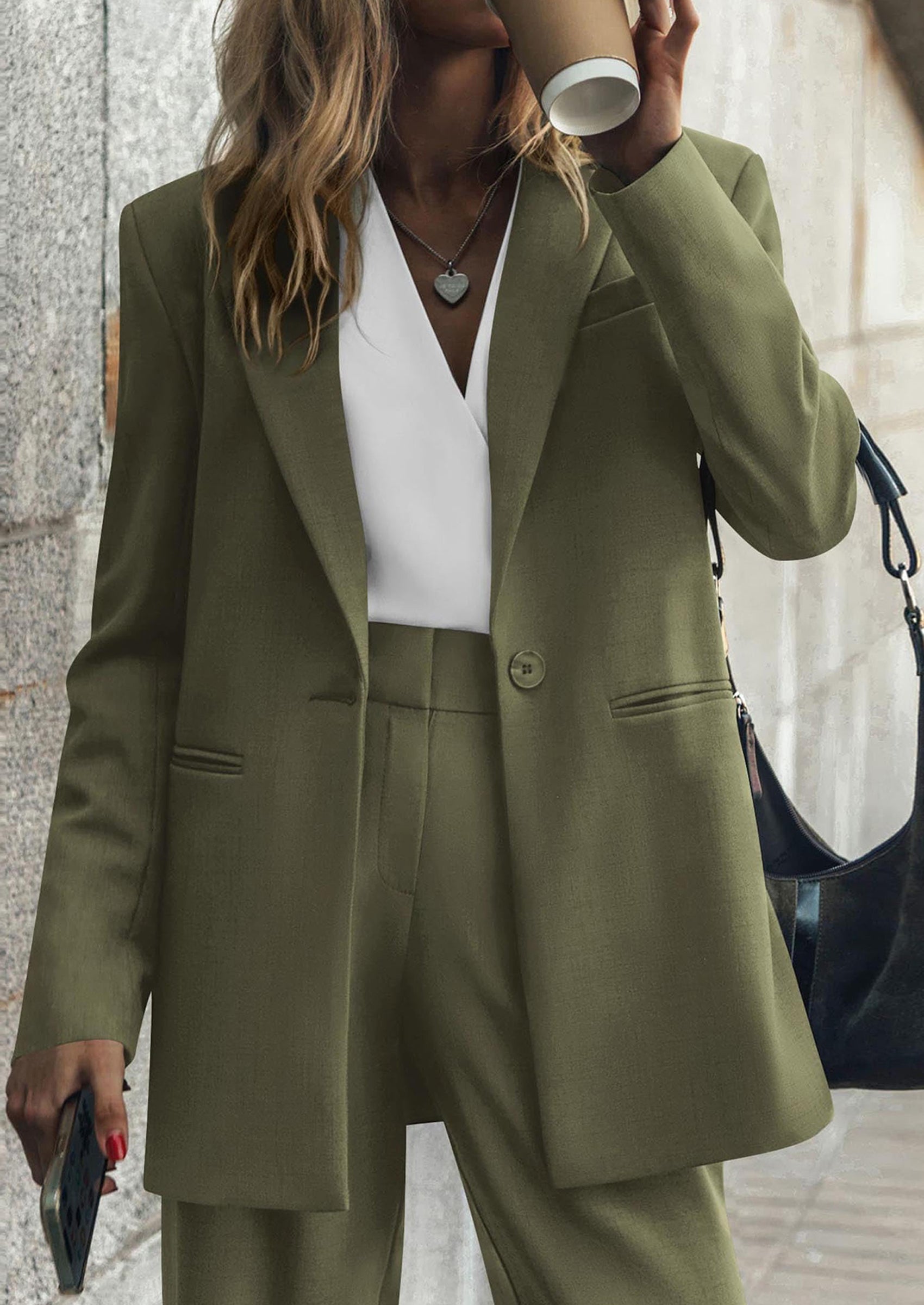 Osonn Women's Fall Two Piece Outfits Dressy Blazer Jacket and Wide Leg Pants Pockets Business Casual Office Suit Sets
