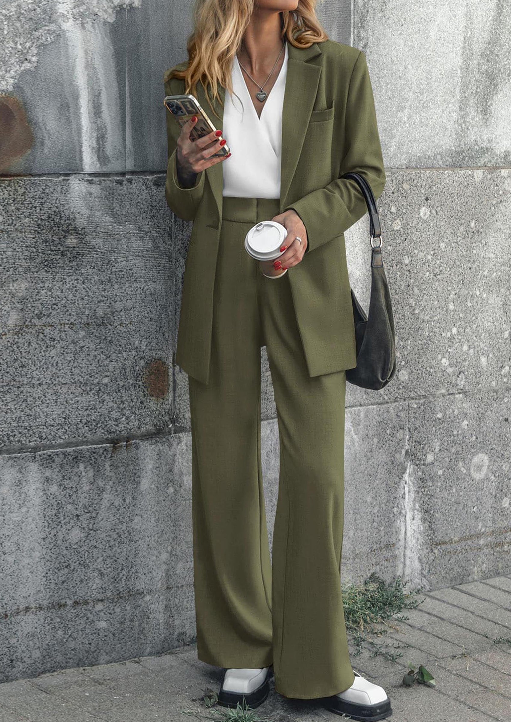 Osonn Women's Fall Two Piece Outfits Dressy Blazer Jacket and Wide Leg Pants Pockets Business Casual Office Suit Sets