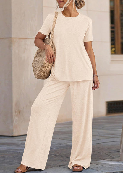 Osonn Summer Lounge Sets for Women 2 Piece Short Sleeve Crewneck Cute Tops and Wide Leg Pants with Pockets Pj Set