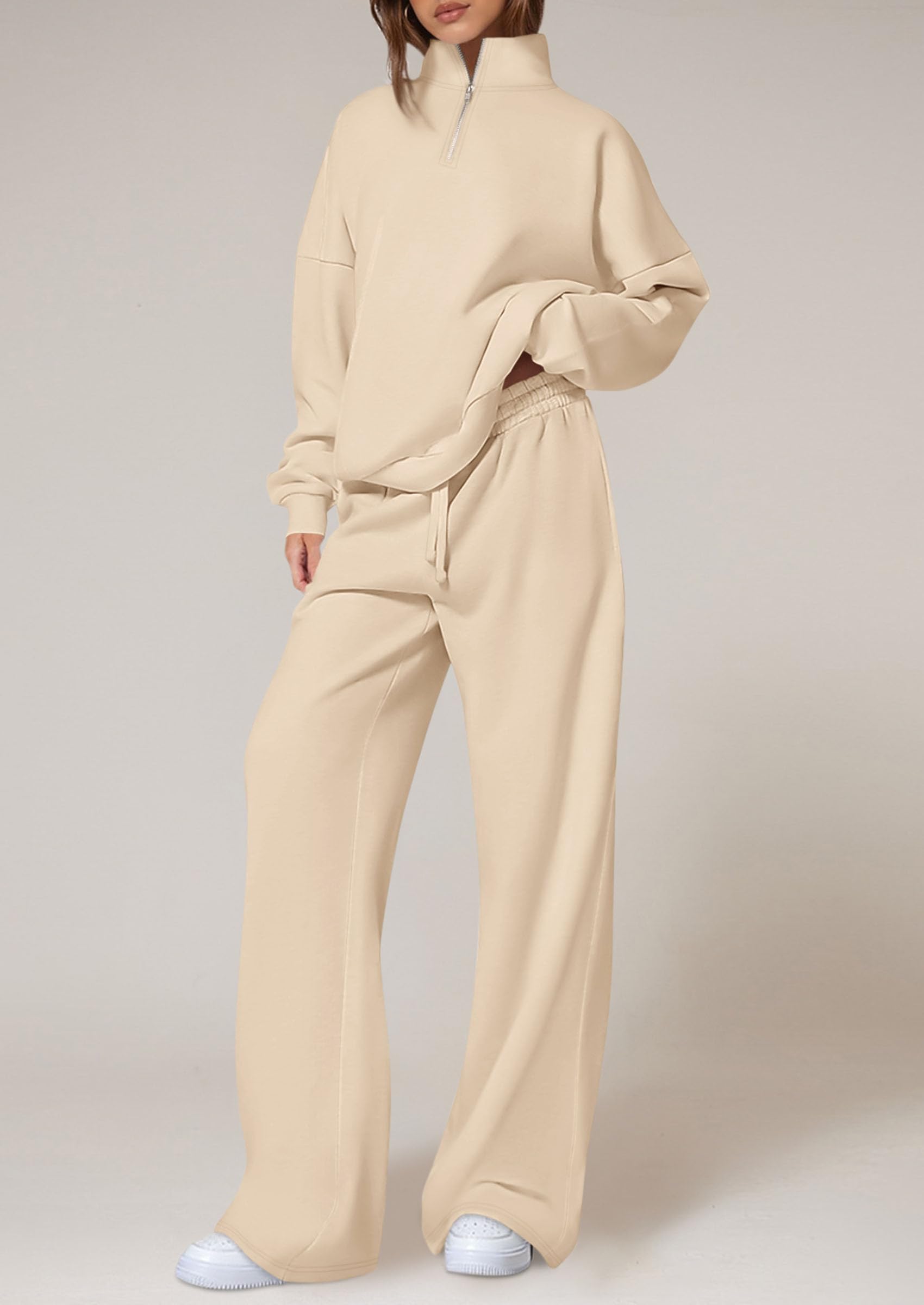 Osonn Womens Casual Two Piece Sets Fall Outfits Quarter Zip Sweatshirts Straight Leg Pants Sweatsuits Tracksuit