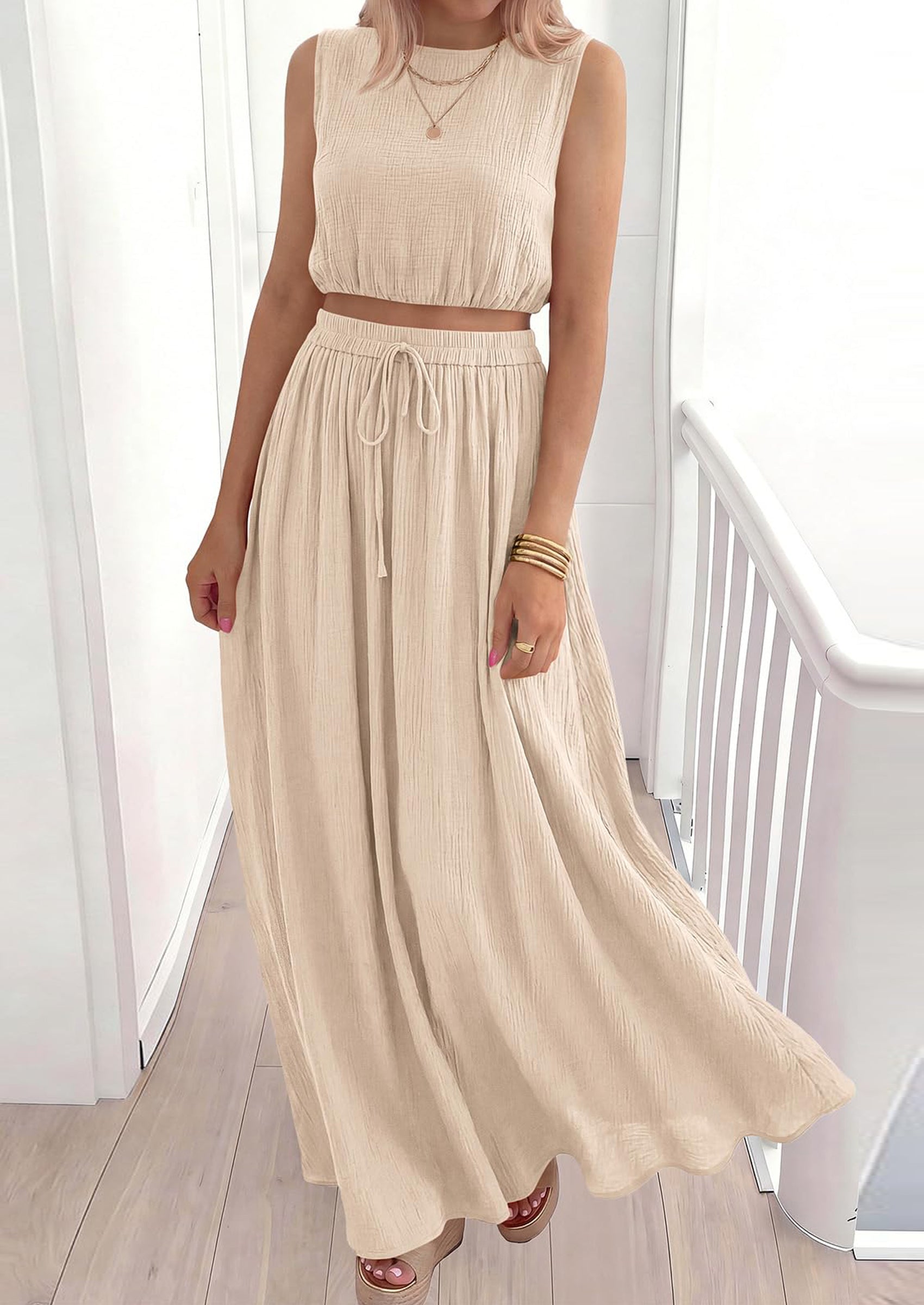 Osonn 2 Piece Sets for Women Summer Outfits Fashion Cotton Sleeveless Crop Top Long Maxi Skirt Set with Pockets