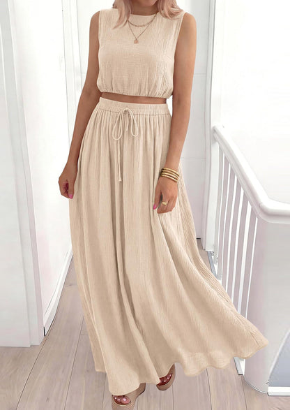 Osonn 2 Piece Sets for Women Summer Outfits Fashion Cotton Sleeveless Crop Top Long Maxi Skirt Set with Pockets