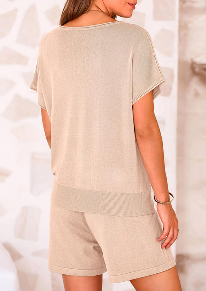 Osonn Two Piece Set for Women Summer Lounge Sets Shorts And Short Sleeve Tops Knitted Matching Travel Spring Outfits