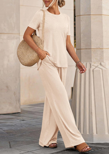 Osonn Summer Lounge Sets for Women 2 Piece Short Sleeve Crewneck Cute Tops and Wide Leg Pants with Pockets Pj Set