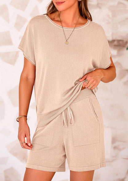 Osonn Two Piece Set for Women Summer Lounge Sets Shorts And Short Sleeve Tops Knitted Matching Travel Spring Outfits