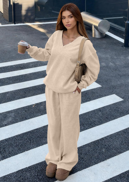 Osonn Casual Winter Two Piece Sets for Women V Neck Sweatshirt Loose Wide Leg Pants Tracksuit Knit Fall Outfits