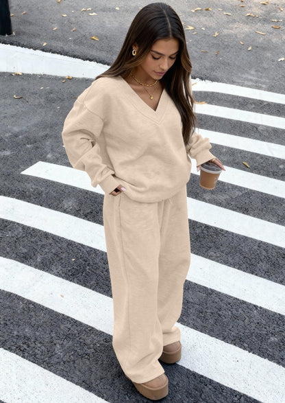 Osonn Casual Winter Two Piece Sets for Women V Neck Sweatshirt Loose Wide Leg Pants Tracksuit Knit Fall Outfits