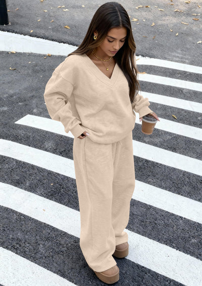 Osonn Casual Winter Two Piece Sets for Women V Neck Sweatshirt Loose Wide Leg Pants Tracksuit Knit Fall Outfits