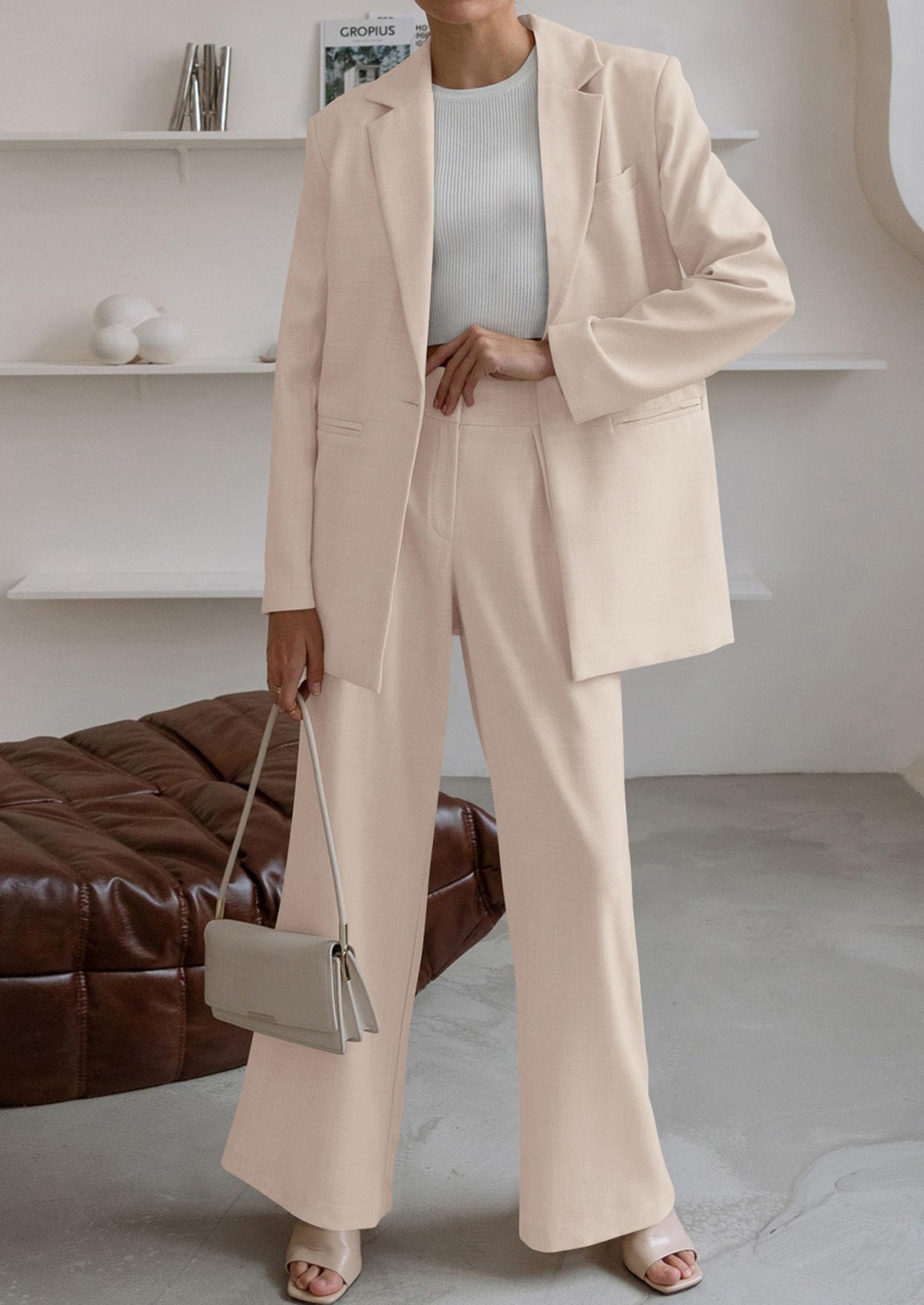 Osonn Women's Fall Two Piece Outfits Dressy Blazer Jacket and Wide Leg Pants Pockets Business Casual Office Suit Sets