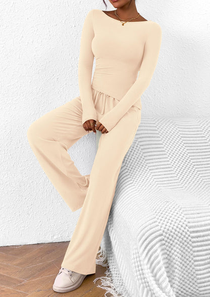 Osonn Women's 2 Piece Lounge Sets Asymmetrical Long Sleeve T Shirt Wide Leg Pants Casual Outfits Tracksuit