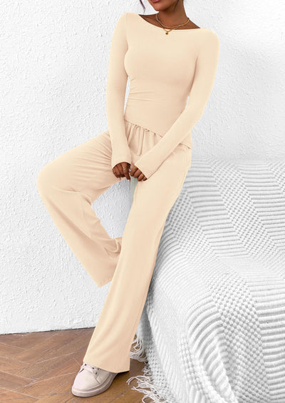 Osonn Women's 2 Piece Lounge Sets Asymmetrical Long Sleeve T Shirt Wide Leg Pants Casual Outfits Tracksuit