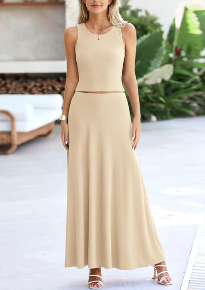 Osonn 2 Piece Maxi Skirt Sets Casual Knit Cropped Tank Top High Waisted Long Skirts Outfit