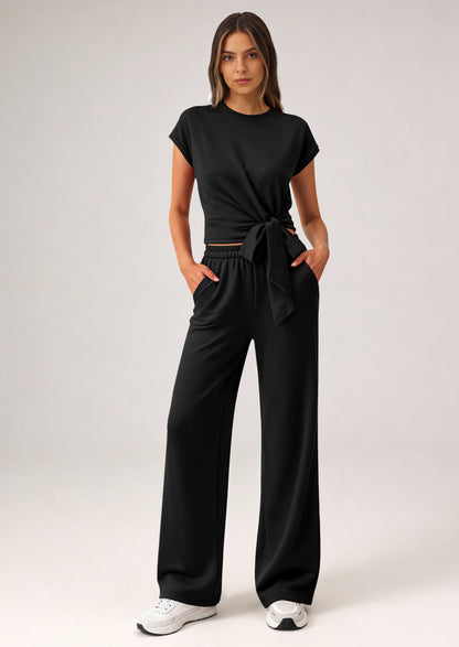 Osonn 2 Piece Matching Lounge Sets For Women Summer Short Sleeve Tie Front Crop Tops Casual Wide Leg Pants Tracksuit