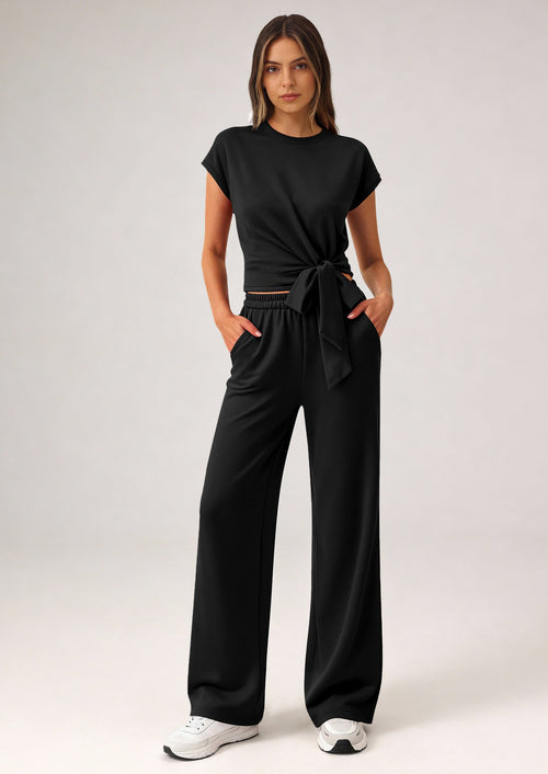 Osonn 2 Piece Matching Lounge Sets For Women Summer Short Sleeve Tie Front Crop Tops Casual Wide Leg Pants Tracksuit