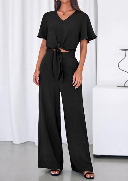 Osonn Women 2 Piece Summer Outfits Short Sleeve Strappy Top Wide Leg Pants Tracksuit Lounge Sets Beach Clothes