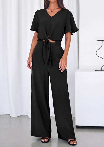 Osonn Women 2 Piece Summer Outfits Short Sleeve Strappy Top Wide Leg Pants Tracksuit Lounge Sets Beach Clothes