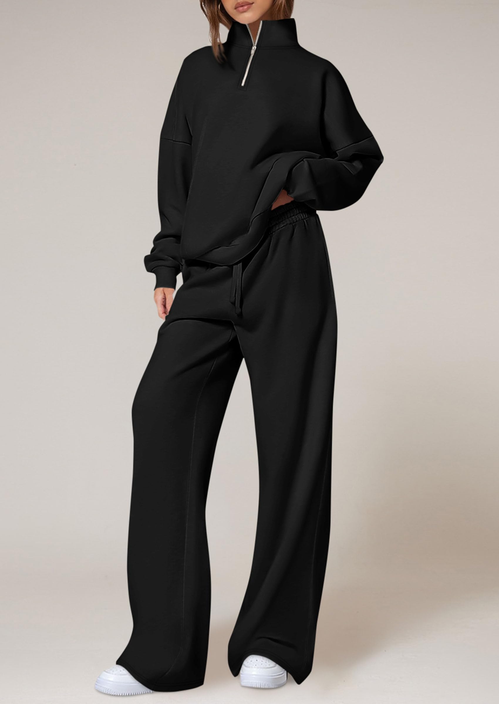 Osonn Womens Casual Two Piece Sets Fall Outfits Quarter Zip Sweatshirts Straight Leg Pants Sweatsuits Tracksuit