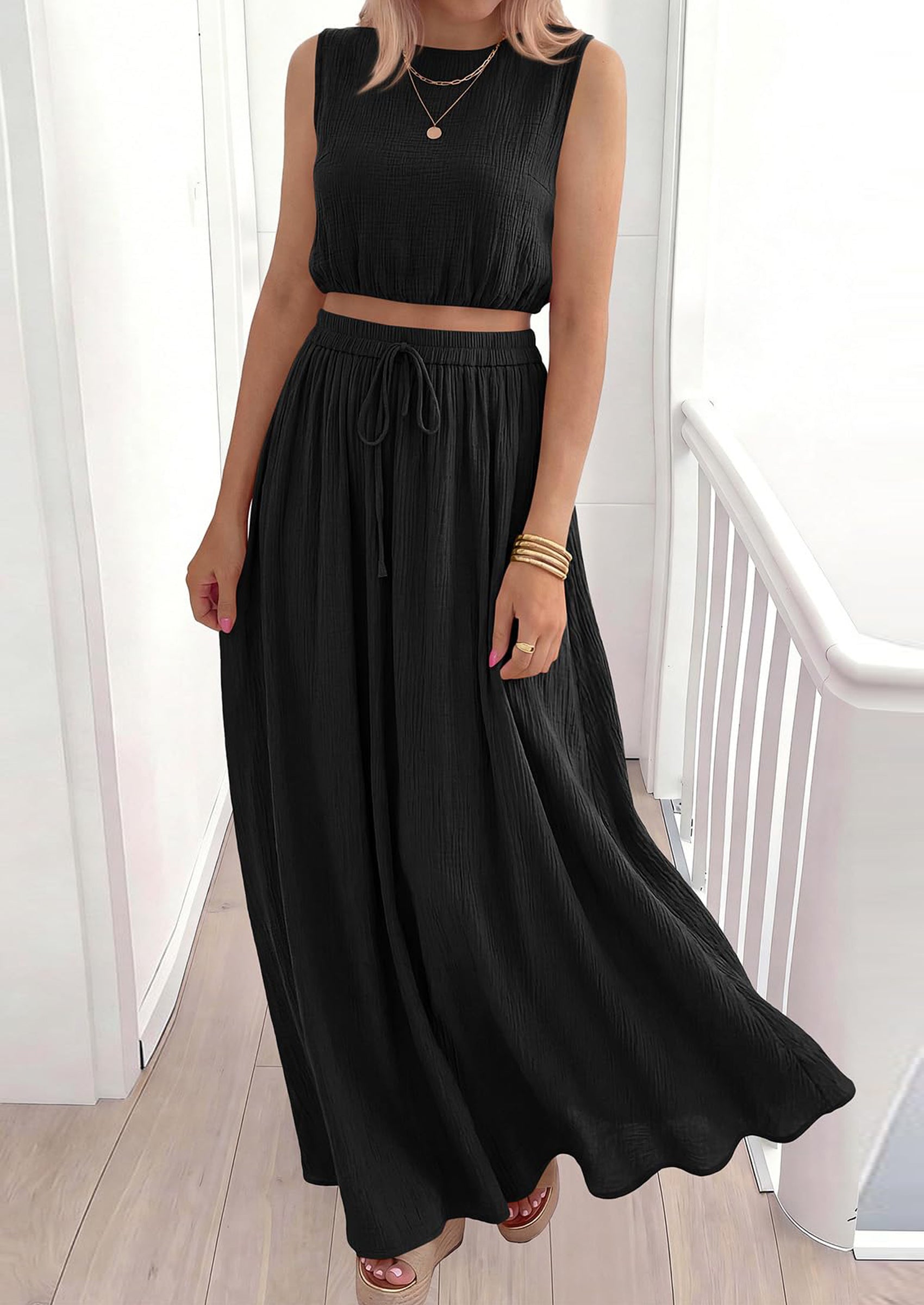 Osonn 2 Piece Sets for Women Summer Outfits Fashion Cotton Sleeveless Crop Top Long Maxi Skirt Set with Pockets