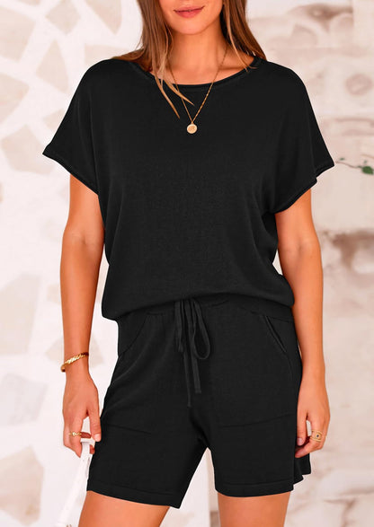 Osonn Two Piece Set for Women Summer Lounge Sets Shorts And Short Sleeve Tops Knitted Matching Travel Spring Outfits