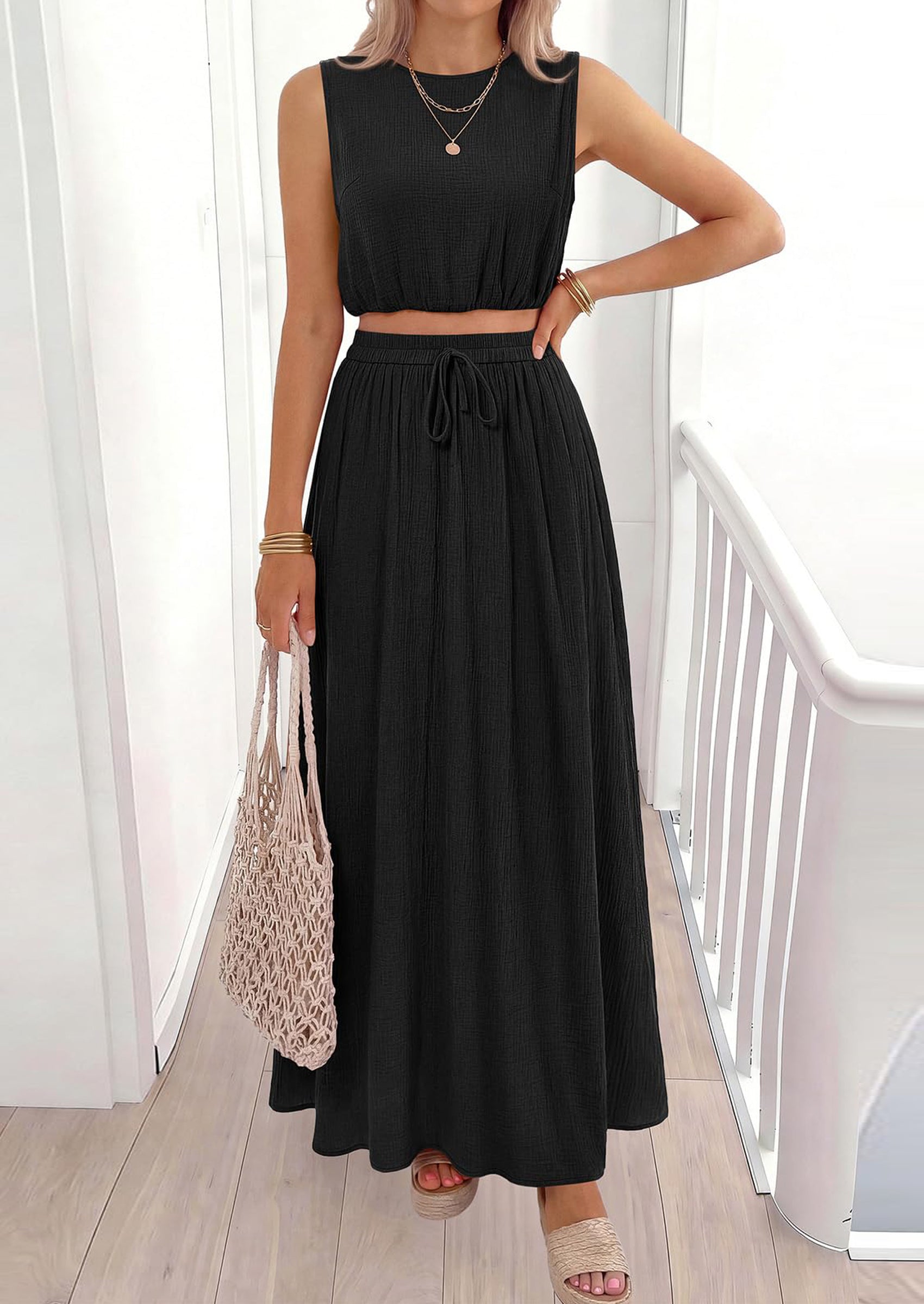 Osonn 2 Piece Sets for Women Summer Outfits Fashion Cotton Sleeveless Crop Top Long Maxi Skirt Set with Pockets