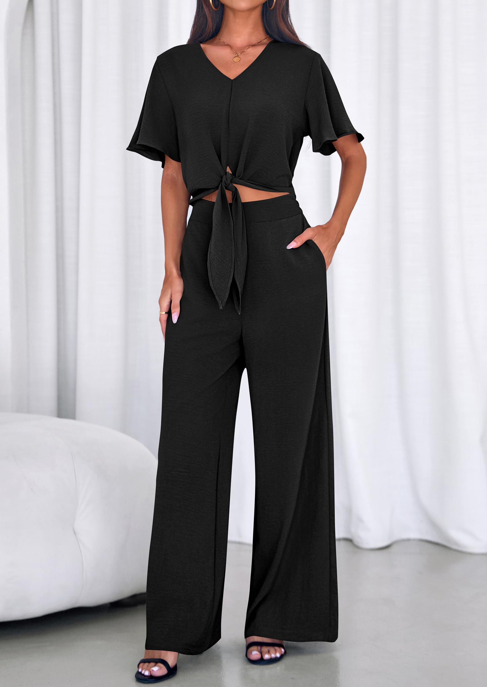 Osonn Women 2 Piece Summer Outfits Short Sleeve Strappy Top Wide Leg Pants Tracksuit Lounge Sets Beach Clothes
