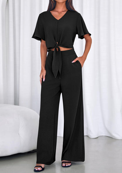 Osonn Women 2 Piece Summer Outfits Short Sleeve Strappy Top Wide Leg Pants Tracksuit Lounge Sets Beach Clothes