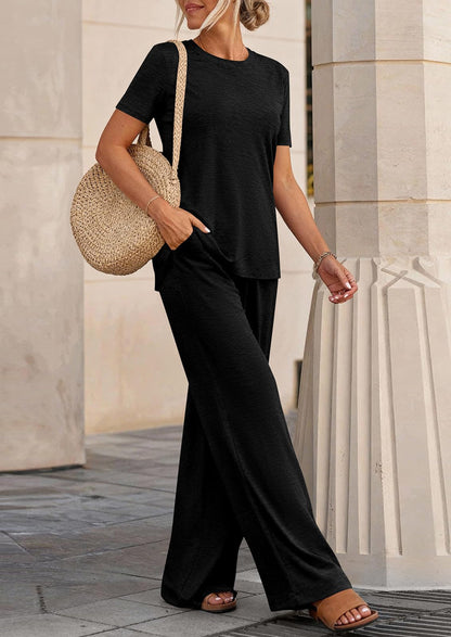 Osonn Summer Lounge Sets for Women 2 Piece Short Sleeve Crewneck Cute Tops and Wide Leg Pants with Pockets Pj Set
