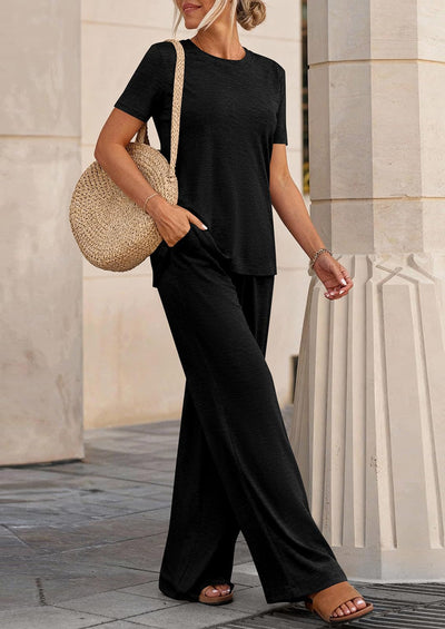 Osonn Summer Lounge Sets for Women 2 Piece Short Sleeve Crewneck Cute Tops and Wide Leg Pants with Pockets Pj Set