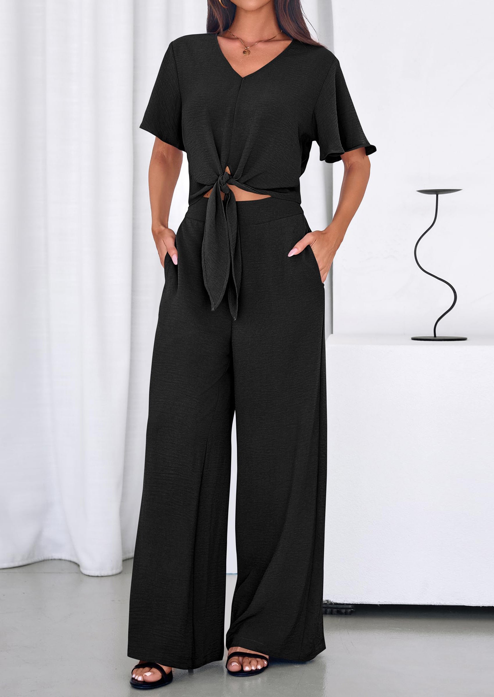 Osonn Women 2 Piece Summer Outfits Short Sleeve Strappy Top Wide Leg Pants Tracksuit Lounge Sets Beach Clothes
