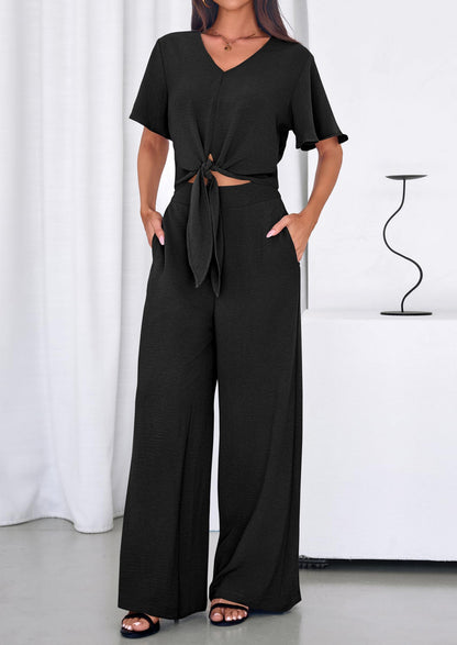 Osonn Women 2 Piece Summer Outfits Short Sleeve Strappy Top Wide Leg Pants Tracksuit Lounge Sets Beach Clothes