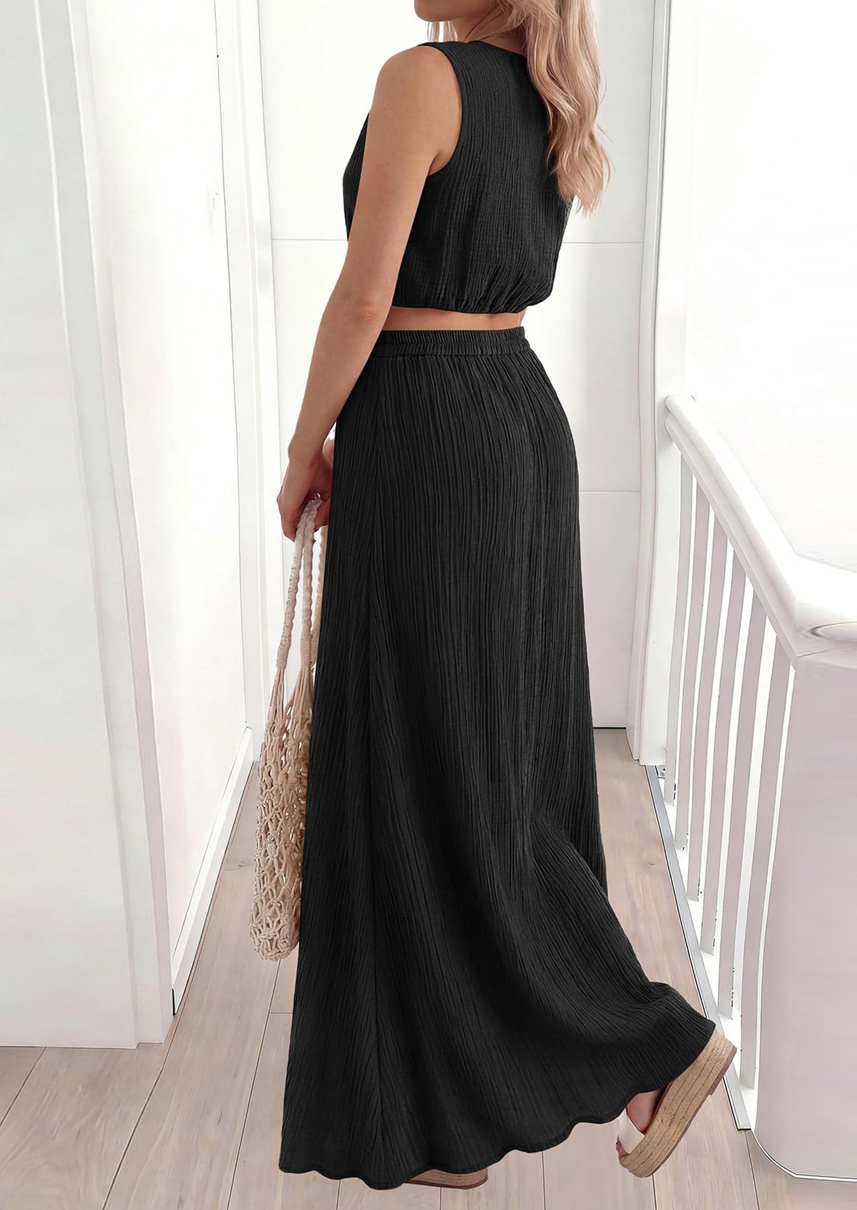 Osonn 2 Piece Sets for Women Summer Outfits Fashion Cotton Sleeveless Crop Top Long Maxi Skirt Set with Pockets