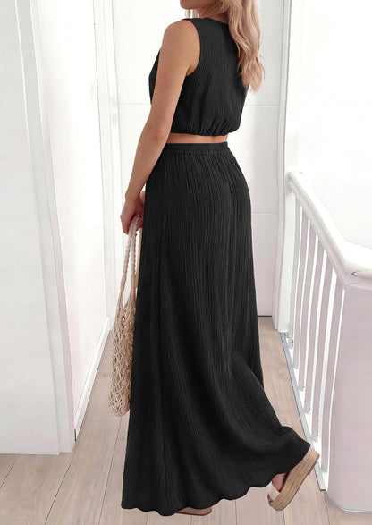 Osonn 2 Piece Sets for Women Summer Outfits Fashion Cotton Sleeveless Crop Top Long Maxi Skirt Set with Pockets