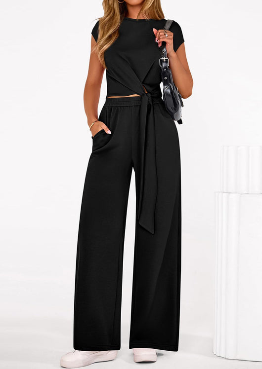 Osonn 2 Piece Matching Lounge Sets For Women Summer Short Sleeve Tie Front Crop Tops Casual Wide Leg Pants Tracksuit