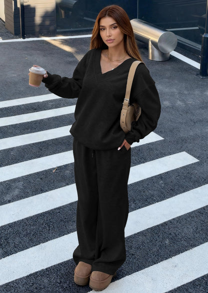 Osonn Casual Winter Two Piece Sets for Women V Neck Sweatshirt Loose Wide Leg Pants Tracksuit Knit Fall Outfits