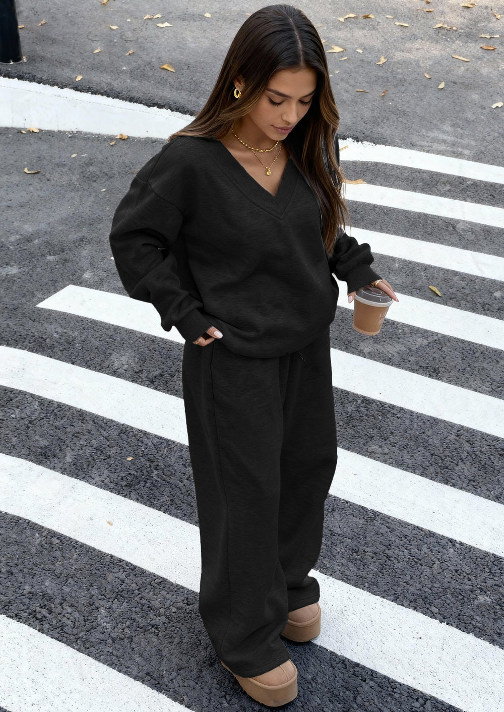 Osonn Casual Winter Two Piece Sets for Women V Neck Sweatshirt Loose Wide Leg Pants Tracksuit Knit Fall Outfits