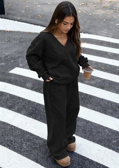 Osonn Casual Winter Two Piece Sets for Women V Neck Sweatshirt Loose Wide Leg Pants Tracksuit Knit Fall Outfits