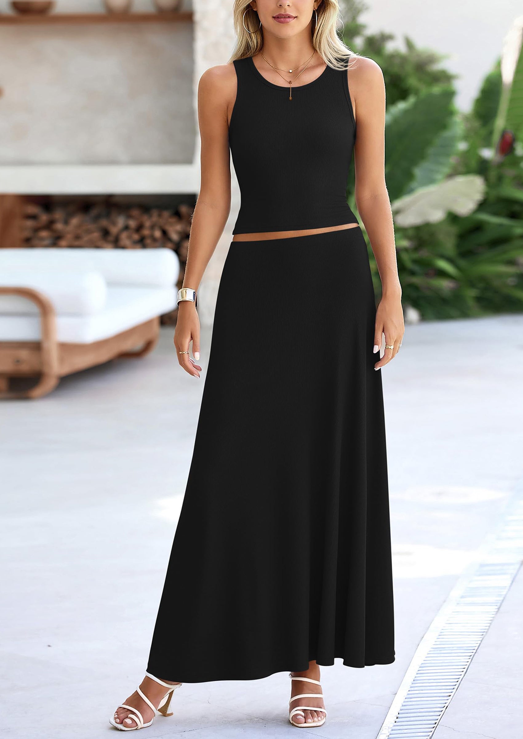 Osonn 2 Piece Maxi Skirt Sets Casual Knit Cropped Tank Top High Waisted Long Skirts Outfit