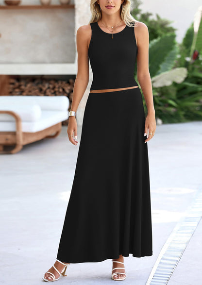 Osonn 2 Piece Maxi Skirt Sets Casual Knit Cropped Tank Top High Waisted Long Skirts Outfit