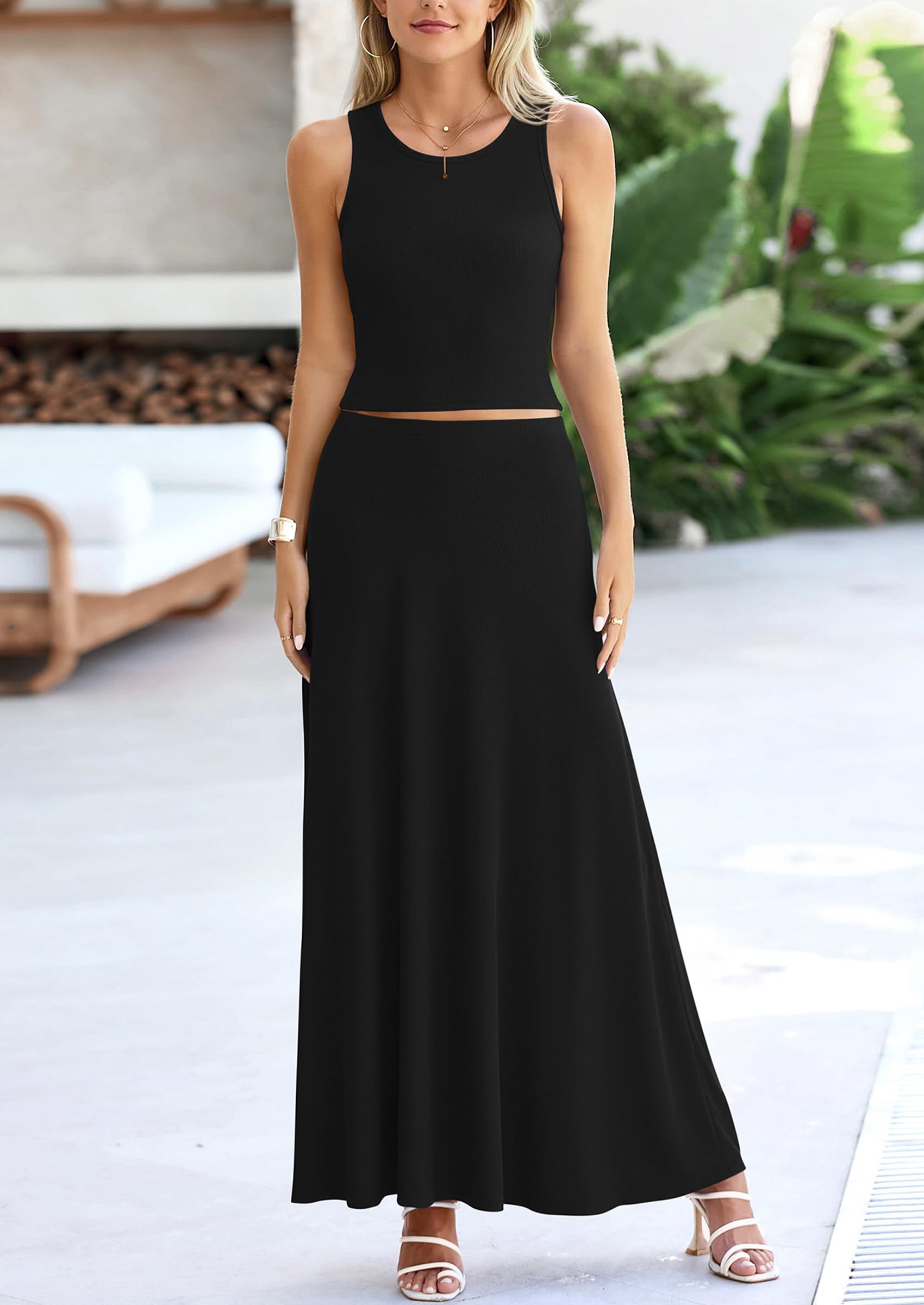 Osonn 2 Piece Maxi Skirt Sets Casual Knit Cropped Tank Top High Waisted Long Skirts Outfit