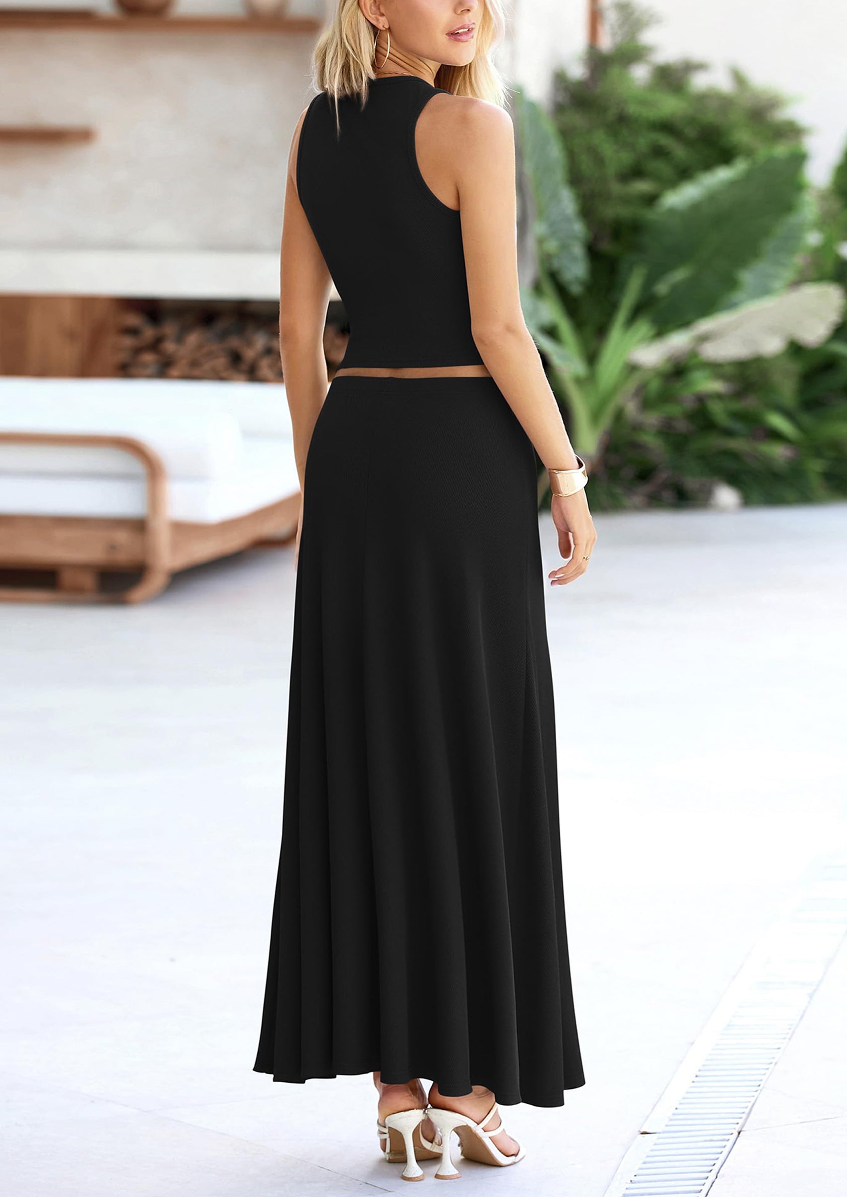 Osonn 2 Piece Maxi Skirt Sets Casual Knit Cropped Tank Top High Waisted Long Skirts Outfit
