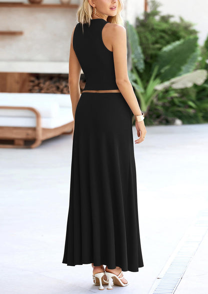 Osonn 2 Piece Maxi Skirt Sets Casual Knit Cropped Tank Top High Waisted Long Skirts Outfit