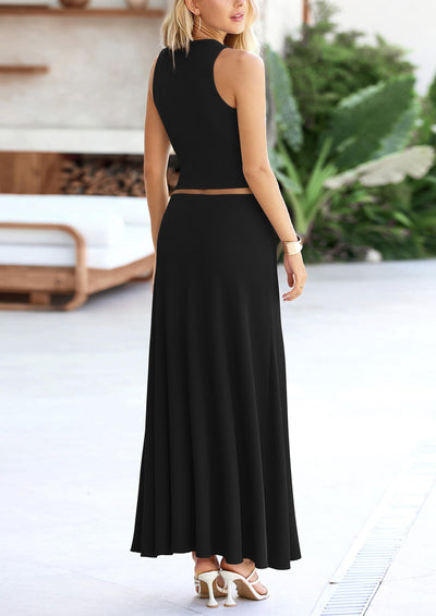Osonn 2 Piece Maxi Skirt Sets Casual Knit Cropped Tank Top High Waisted Long Skirts Outfit