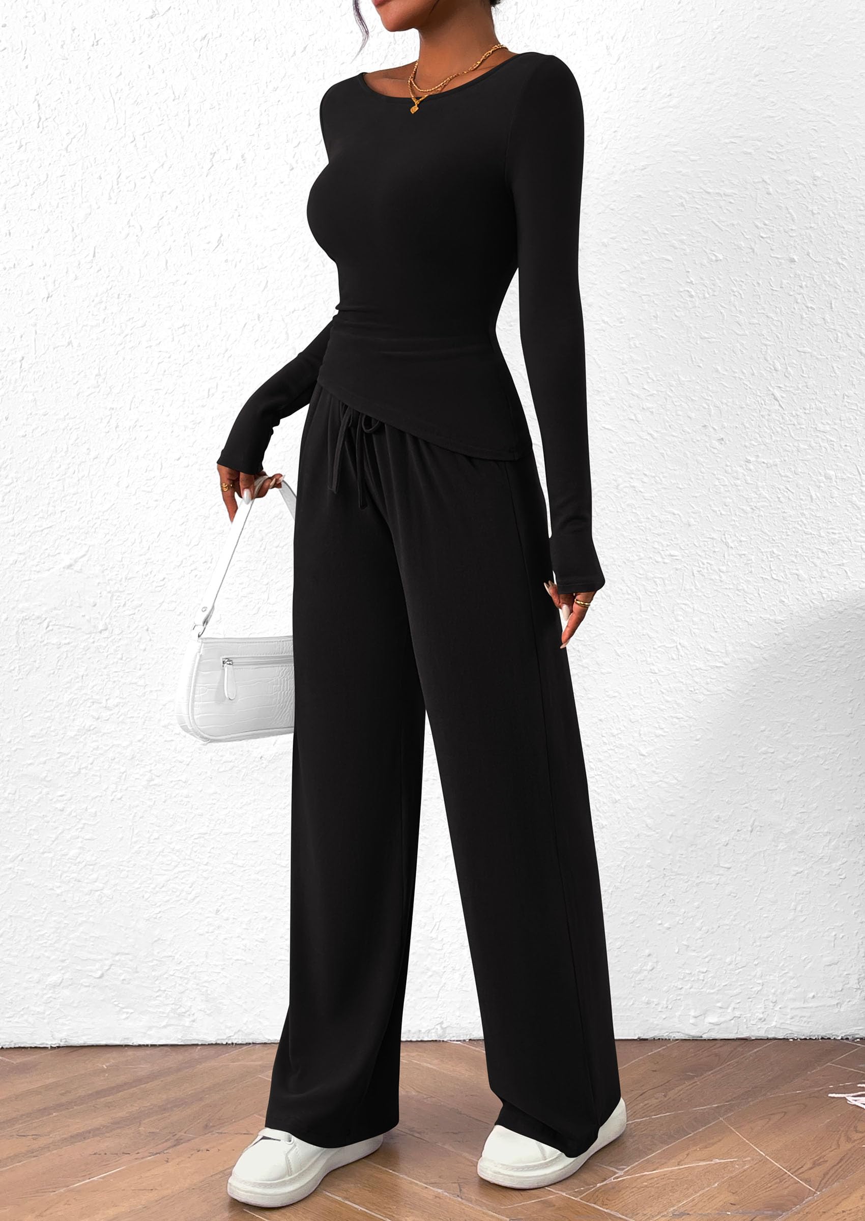 Osonn Women's 2 Piece Lounge Sets Asymmetrical Long Sleeve T Shirt Wide Leg Pants Casual Outfits Tracksuit