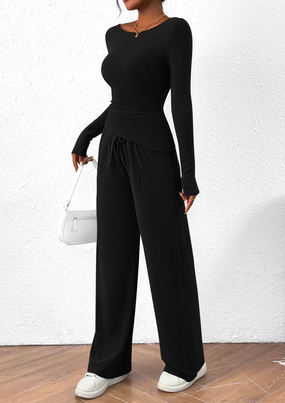 Osonn Women's 2 Piece Lounge Sets Asymmetrical Long Sleeve T Shirt Wide Leg Pants Casual Outfits Tracksuit