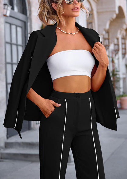 Osonn 2 Piece Blazer Outfits Business Casual Oversized Jacket Wide Leg Work Pants Dressy Suit Set